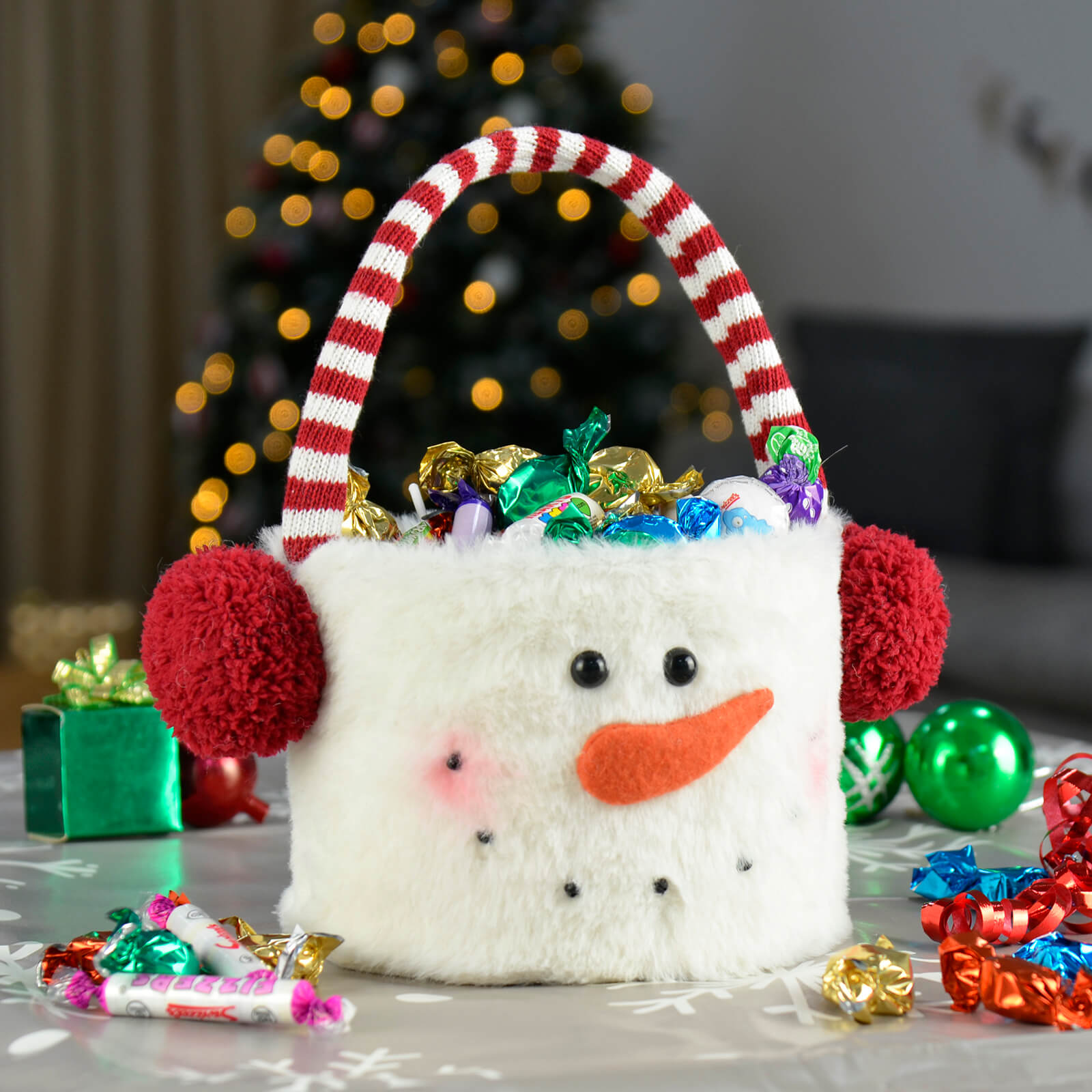 Mr Crimbo Christmas Candy Bucket Fleece Snowman Santa 26cm - MrCrimbo.co.uk -XS7236 - Snowman -christmas party